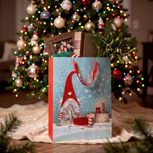 Sac cadou de Crăciun cu spiriduș și sclipici 31 × 42 × 12 cm - 1 bucată