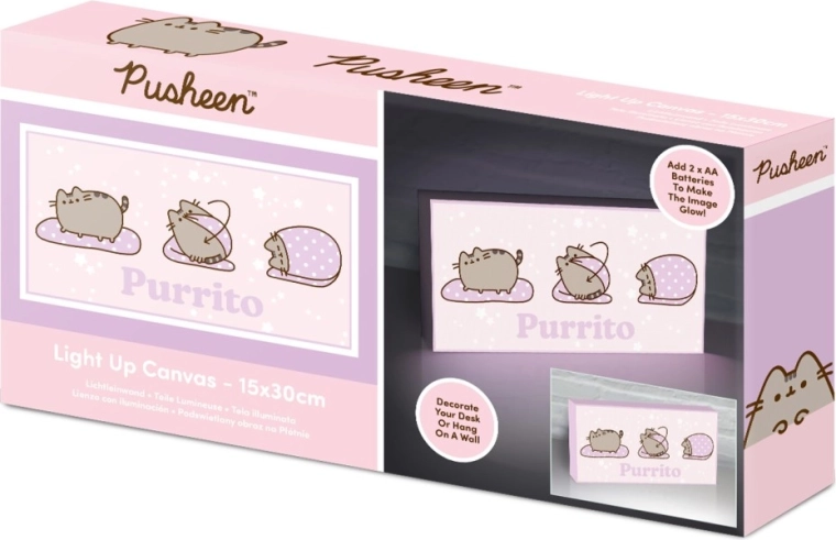 Tablou luminos Pusheen 15 × 30 cm – fundal roz Purrito