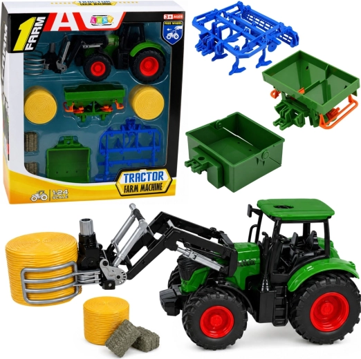 Set fermă: tractor cu încărcător frontal și clești pentru baloți 1:24