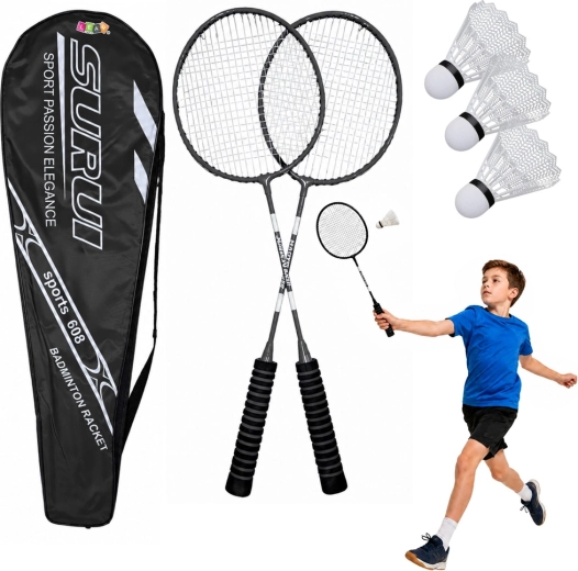 Set de badminton cu 2 rachete, 3 fluturași din plastic și husă, negru