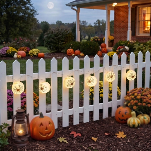 Ghirlandă luminoasă de Halloween cu felinare cu pânze de păianjen