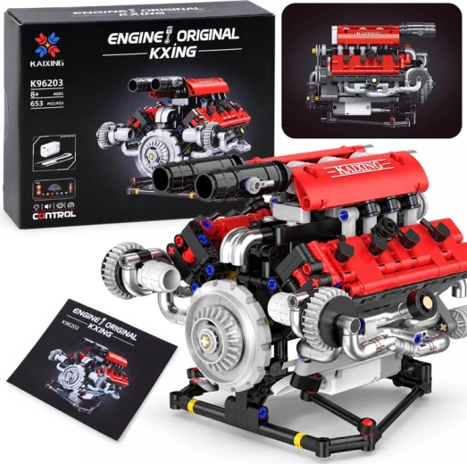 Set de construcție tehnic asamblează un motor V8 cu acumulator, 653 de piese