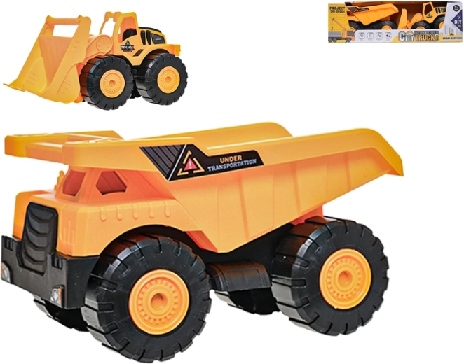 Set vehicule de construcții – excavator încărcător 24 cm și basculantă 26 cm