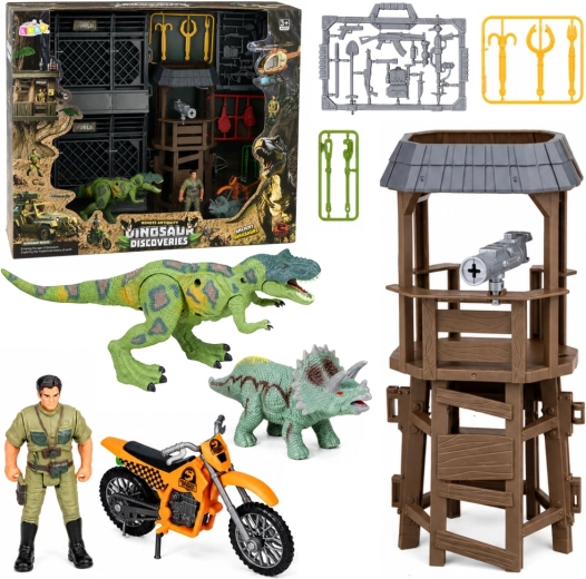 Bază de cercetare cu dinozauri, cu turn, cușcă, figurine și accesorii