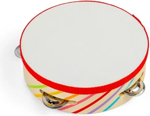 tamburină din lemn BIGJIGS TOYS cu dungi curcubeu