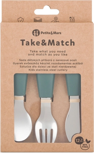 Petite&Mars set de tacâmuri pentru copii din oțel inoxidabil Take&Match misty green 12m+