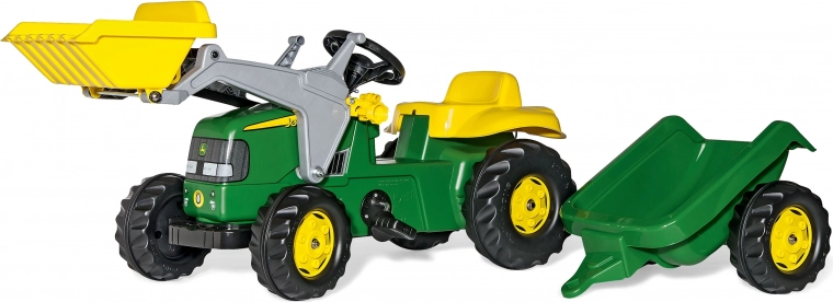 Tractor cu pedale JOHN DEERE RollyKid cu cupă frontală și remorcă – verde