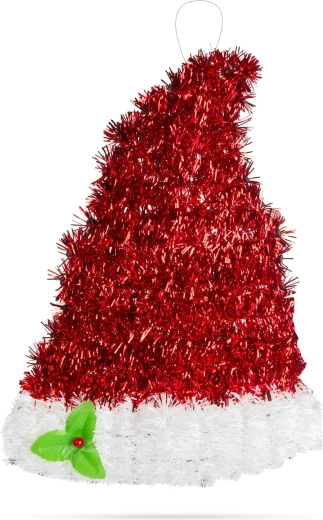 Căciulă de Moș Nicolae ca ornament de Crăciun, roșu-albă, cu sclipici, 34 × 26 cm