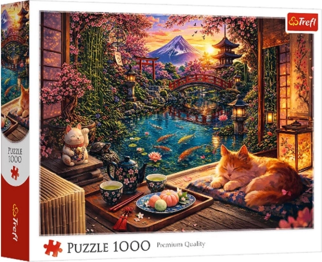 Puzzle 1000 de piese pisică în grădina cu sakura