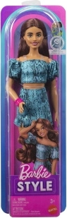 Păpușă de colecție Mattel Barbie Fashionistas cu păr închis la culoare, în ținută turcoaz din două piese