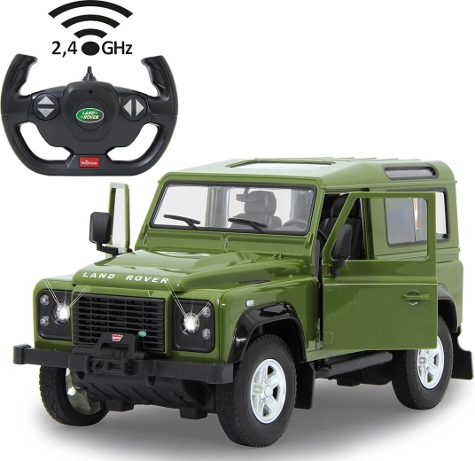 Mașină RC Jamara Land Rover Defender 1:14 verde, 2,4 GHz, cu LED-uri și uși care se deschid