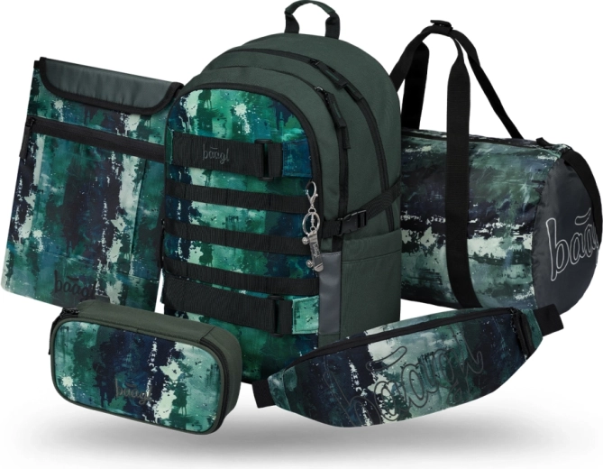 Set Baagl Skate Forest: rucsac școlar, penar, geantă sport, borsetă și husă pentru laptop