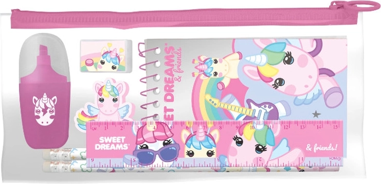 Set de scris în etui transparent cu motiv unicorn