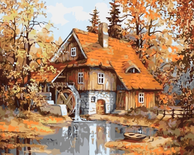 NORIMPEX Pictură pe numere Moară în pădure lângă iaz 40 × 50 cm