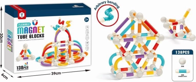 Set de construcție magnetic – tuburi flexibile, 138 piese