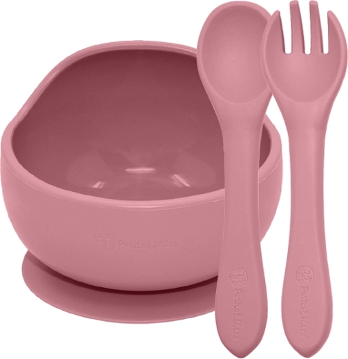 Petite&Mars set de masă din silicon Take&Match: bol cu ventuză + tacâmuri dusty rose (6m+)