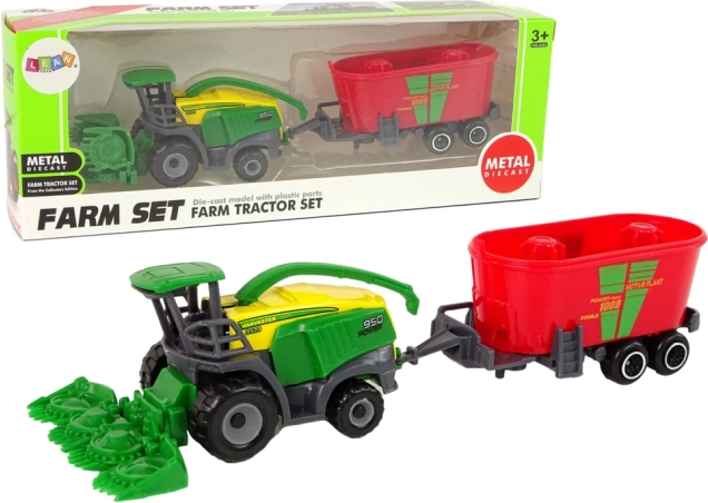 Combine cu remorcă – utilaj agricol verde-roșu, jucărie din plastic
