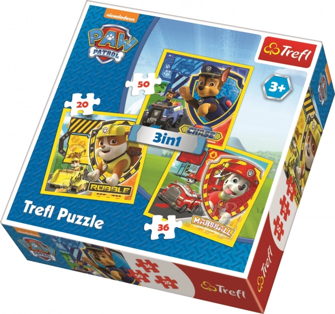 TREFL Puzzle Patrula Cățelușilor: Marshall, Rubble și Chase 3în1 (20, 36, 50 piese)
