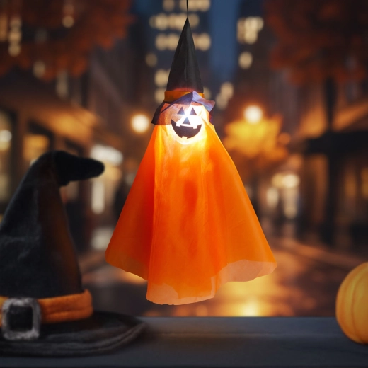 Decorațiune luminoasă suspendată de Halloween, în formă de dovleac cu pălărie de vrăjitoare