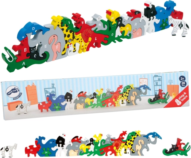 Puzzle din lemn cu animale, litere și cifre