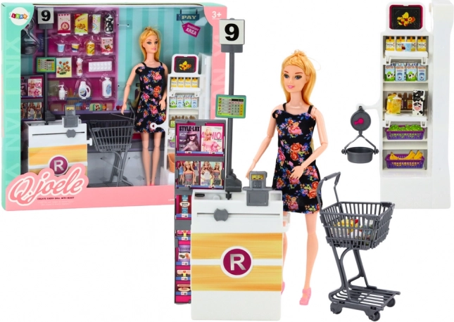 Păpușă în supermarket cu rafturi, coș de cumpărături și alimente