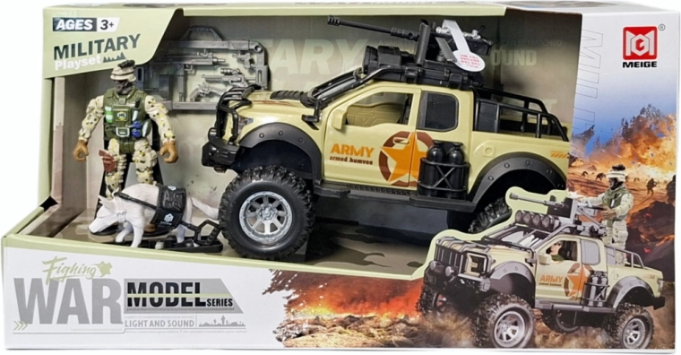 Set de joacă militar cu pick-up off-road, soldat și câine