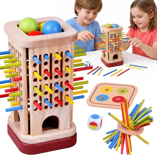 Joc de îndemânare din lemn cu bețe colorate și biluțe
