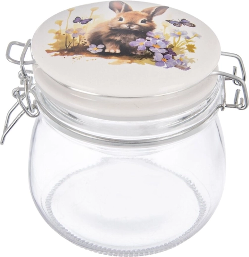 Borcan din sticlă cu clips metalic și capac ceramic Primăvară – iepure, 0,5 l