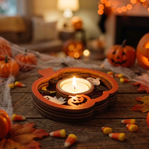Suport de Halloween pentru lumânare tip pastilă, în formă de dovleac