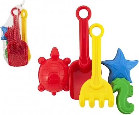 Set de plastic pentru nisip cu lopățică, greblă și forme în plasă