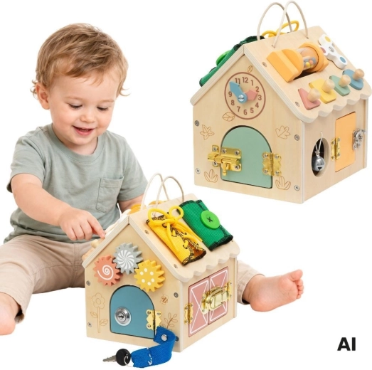 Tooky Toy căsuță din lemn pentru manipulare cu activități și încuietori