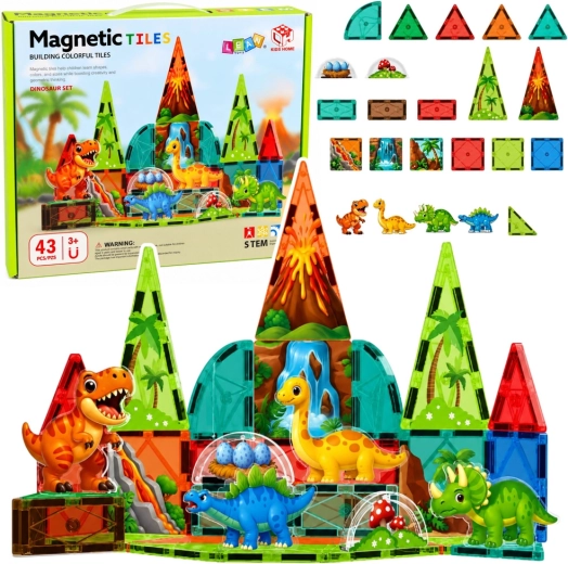 Piese de construcție magnetice dinozauri – vulcan, set colorat 43 piese
