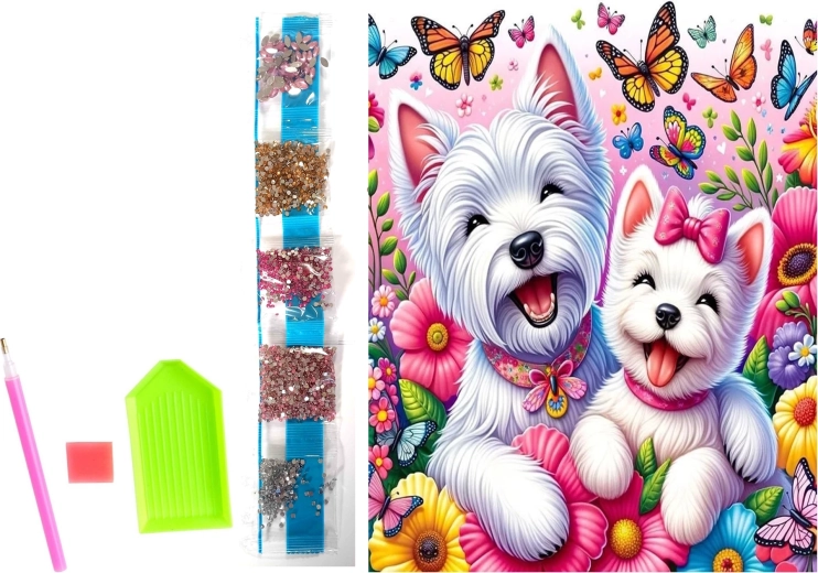 Pictură cu diamante pe pânză Căţei veseli 23 × 30 cm