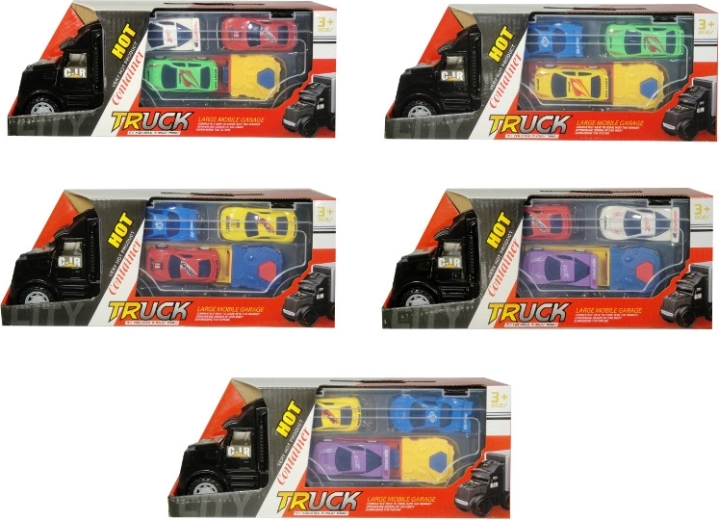 Camion din plastic cu lansator și 3 mașinuțe sport - 1 buc