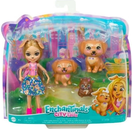 Enchantimals păpușă Gerika Golden Retriever cu cățeluși și veveriță