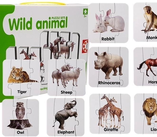 Puzzle educative – animale sălbatice, 10 perechi, cuvinte în engleză