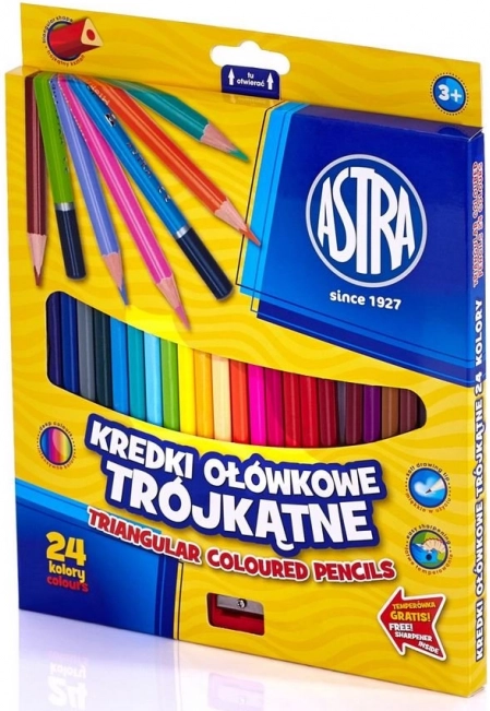 Creioane colorate triunghiulare ASTRA 24 buc cu ascuțitoare