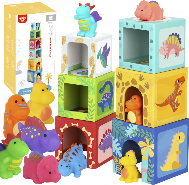 Tooky Toy cuburi de stivuire cu dinozauri, cu 6 figurine