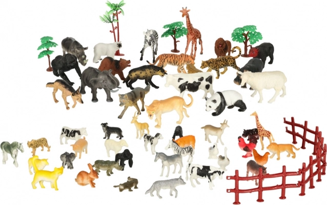 Set de figurine cu animale pentru zoo și fermă, 59 de piese în cutie
