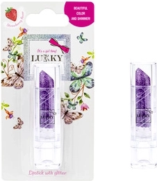 Ruj pentru copii Lukky cu sclipici, aromă de căpșună, nuanță mov