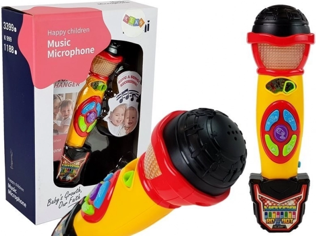 Microfon karaoke pentru copii galben‑negru cu înregistrare și efecte luminoase