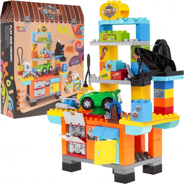 Set atelier mecanic pentru copii 3+ cu mașinuță, unelte și „compresor”, 92 piese