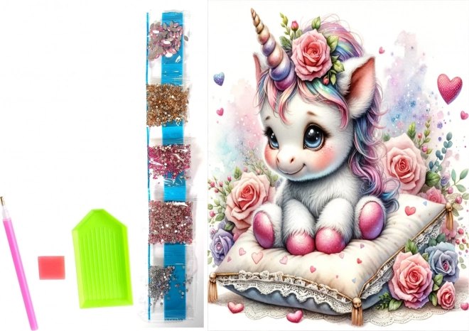 Pictură cu diamante pe pânză, unicorn floral 23 × 30 cm