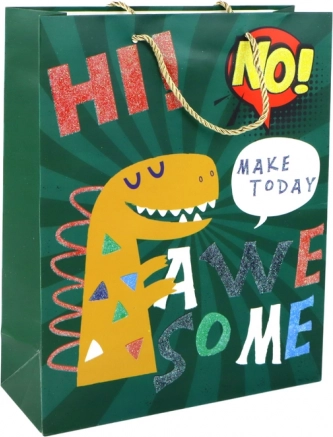 Pungă cadou din hârtie verde cu dinozaur 32 × 26 × 10 cm