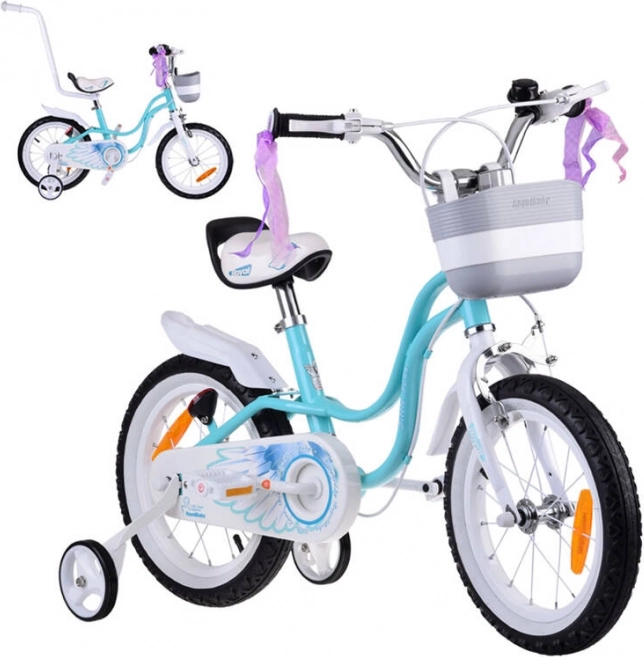 Bicicletă pentru copii Royalbaby Little Swan 14" cu coș și roți ajutătoare – Turcoaz