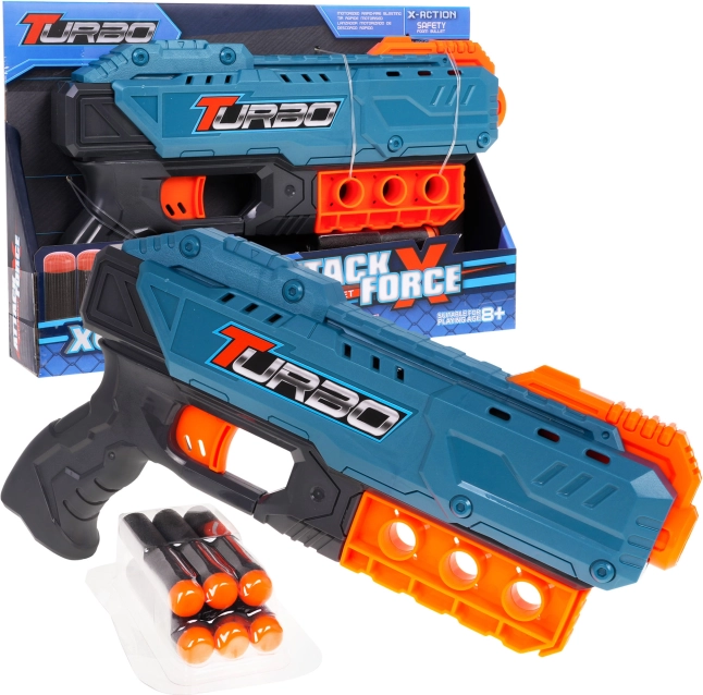 Pistolă pentru copii Turbo albastră 8+ cu 6 gloanțe moi și încărcare manuală