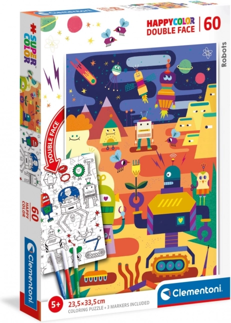 Puzzle dublu-față CLEMENTONI Roboți 60 piese cu carte de colorat