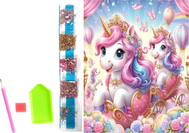 Pictură cu diamante pe pânză – unicorni în caleașcă 23 × 30 cm