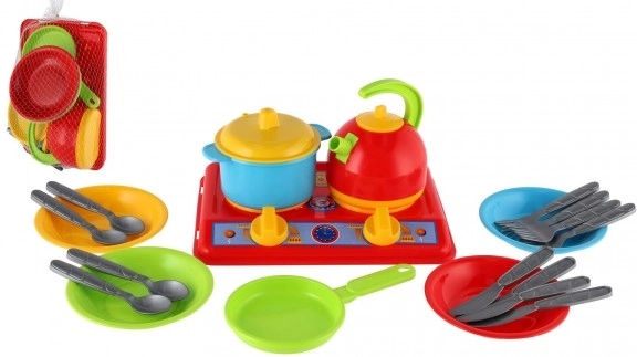 Set de veselă din plastic cu aragaz și accesorii pentru copii