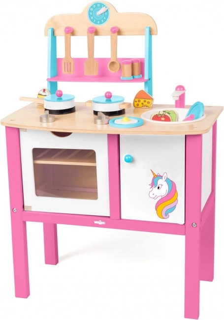 WOODY bucătărie din lemn pentru copii – unicorn, 17 piese de accesorii, înălțime 50 cm